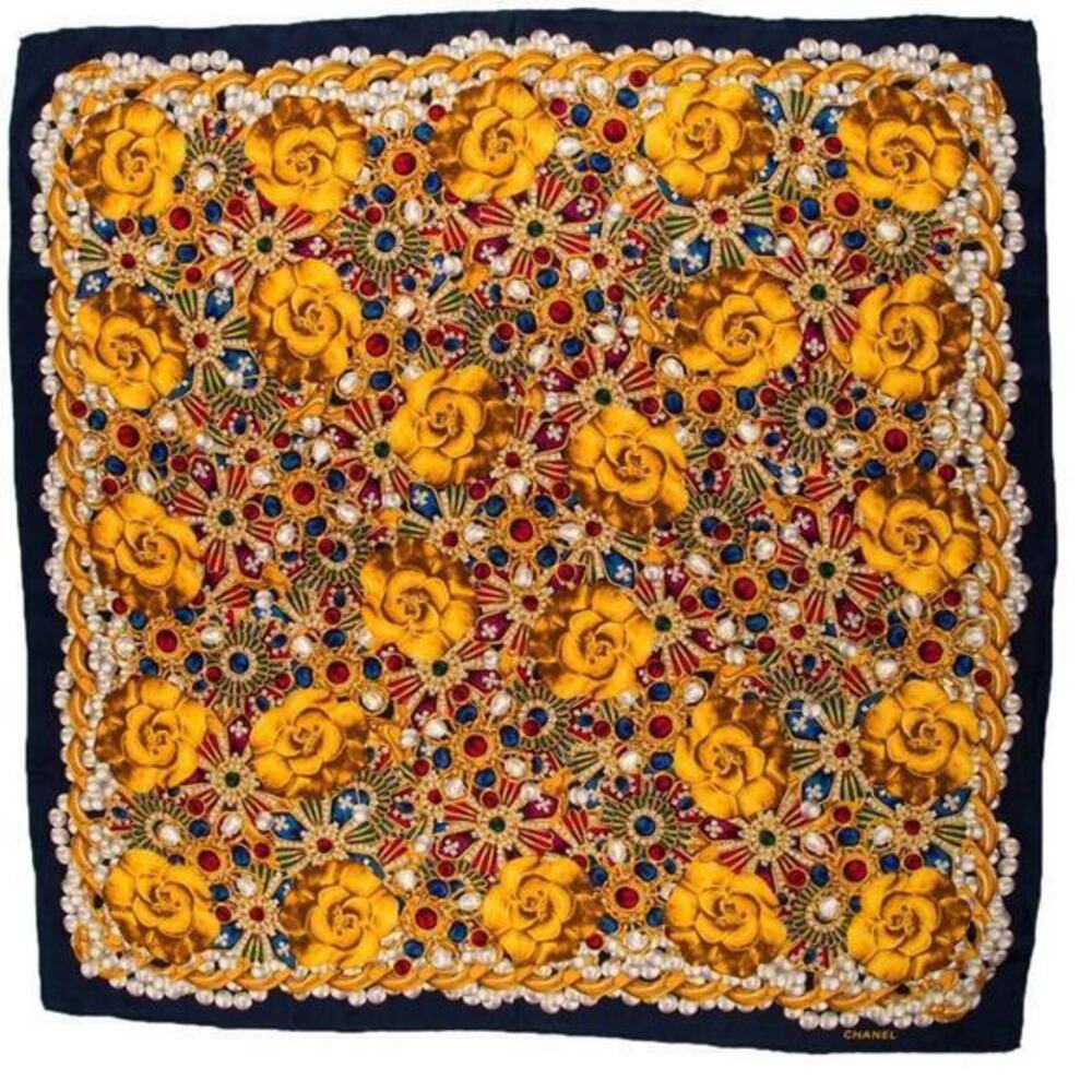 CHANEL Camellia Vintage Authentic Silk Pearl Scarf
